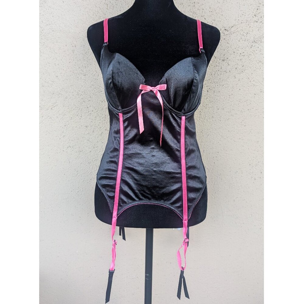 💜Secrets Black Satin & Pink Ribbon Bustier with Garters – Size L